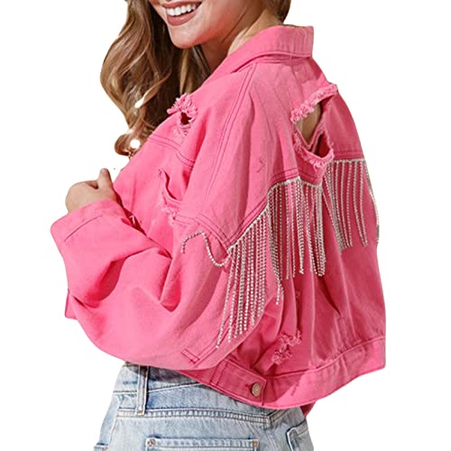 Damen Kurzer Denim Radjacke Distressed zerrissener Quaste Fringe Saum Jacke geschnittene Jeanjacke 90er Cowgirl Streetwear (Rose Red, L) von RTGSE