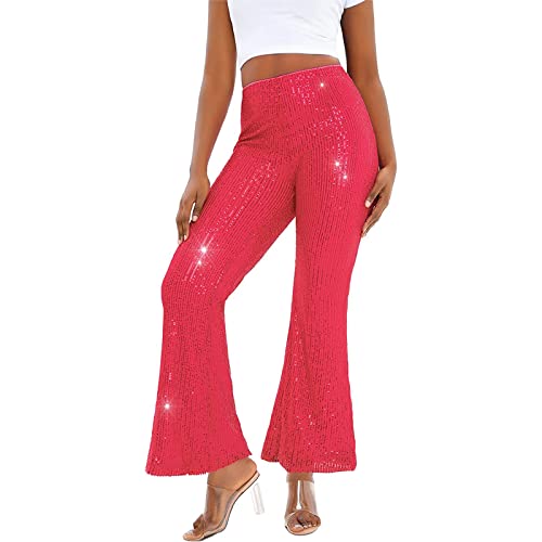 Damen Pailletten Weitbeinhosen funkelnd glänzende elastische Taille Lose Fit Hosen Glitzer Glockenboden Leggings 90er Streetwear (V Rose Red, L) von RTGSE