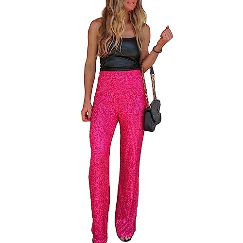 Damen Pailletten Weitbeinhosen funkelnd glänzende elastische Taille Lose Fit Hosen Glitzer Glockenboden Leggings 90er Streetwear (W Rose Red, L) von RTGSE