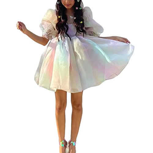Damen Prinzessin Puffärmel Tüll Kleider Minikleid Märchen Quadratische Nacken Elegante Hepburn Party Club Kurzkleid tragen (Multicolor, M) von RTGSE