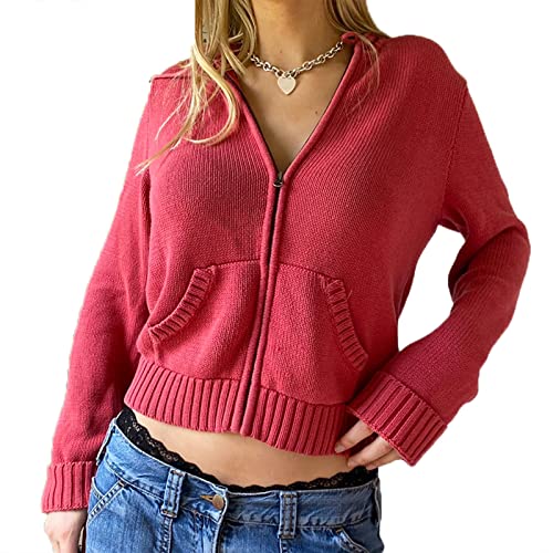 Damen Reißverschluss up Pullover Hoodie Crop Strick Hoodie Sweatshirt Pullover Herbst Winter Hoodie Pullover Mantel Y2K 90S Streetwear (S Red, L) von RTGSE