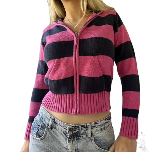 Damen Reißverschluss up Pullover Hoodie Crop Strick Hoodie Sweatshirt Pullover Herbst Winter Hoodie Pullover Mantel Y2K 90S Streetwear (Striped Blue Rose, S) von RTGSE