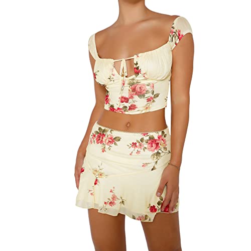 Damen Sommer 2 -Stück -Rock -Set Spitze Crop Tops mit hoher Taille Bodycon Minirock 2Pcs Rock Set Y2K 90er Streetwear (Beige Floral Set, L) von RTGSE