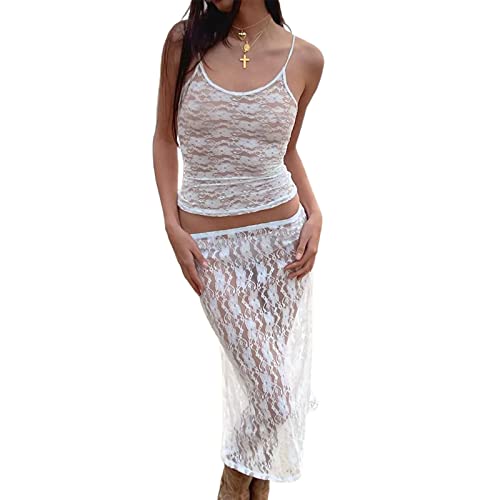 Damen Sommer 2 -Stück -Rock -Set Spitze Crop Tops mit hoher Taille Bodycon Minirock 2pcs Rock Set Y2K 90S Streetwear (See Through White, S) von RTGSE