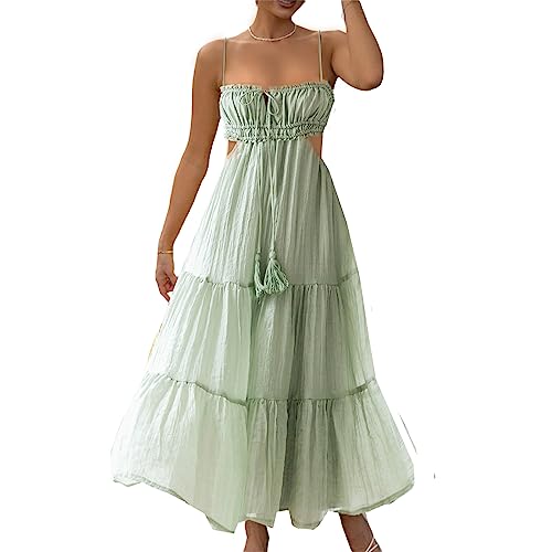 Damen Sommer Ärmel und Maxi Kleid Krawatte Dye Print Sheer Mesh Off-Shoulder Long Slip Club Party 90er Streetwear (Boho Green, L) von RTGSE