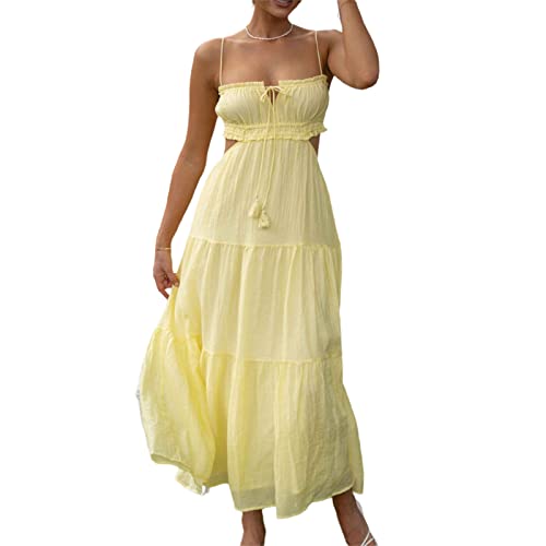 Damen Sommer Ärmel und Maxi Kleid Krawatte Dye Print Sheer Mesh Off-Shoulder Long Slip Club Party 90er Streetwear (Boho Yellow, M) von RTGSE
