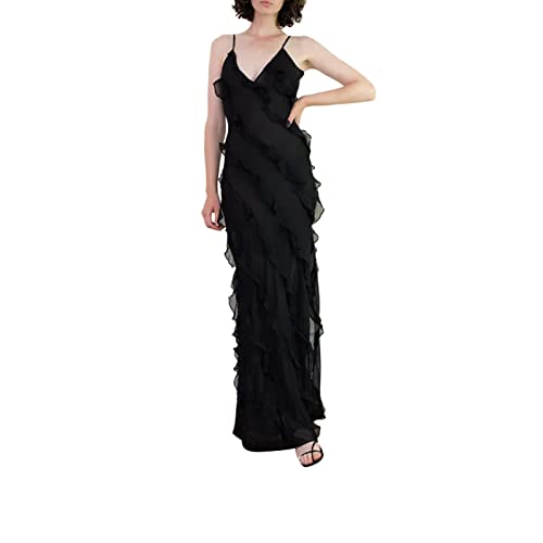 Damen Sommer Ärmel und Maxi Kleid Krawatte Dye Print Sheer Mesh Off-Shoulder Long Slip Club Party 90er Streetwear (Ruffles Black, S) von RTGSE