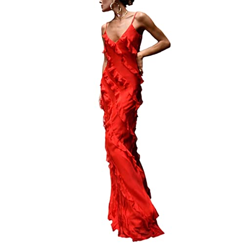 Damen Sommer Ärmel und Maxi Kleid Krawatte Dye Print Sheer Mesh Off-Shoulder Long Slip Club Party 90er Streetwear (Ruffles Red, S) von RTGSE