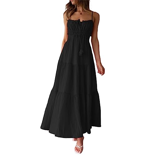 Damen Sommer Bohemian ärmellose Kleid Boho Rücken Less Maxikleid Boho Low geschnittene Langkleid quadratische Kragen Maxi Kleid Streetwear (Boho Black, S) von RTGSE