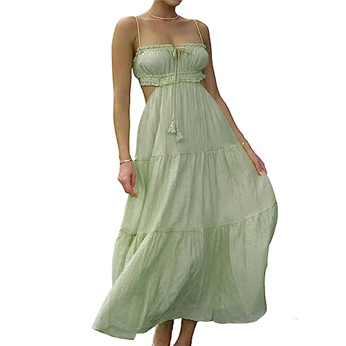 Damen Sommer Bohemian ärmellose Kleid Boho Rücken Less Maxikleid Boho Low geschnittene Langkleid quadratische Kragen Maxi Kleid Streetwear (Boho Green, S) von RTGSE