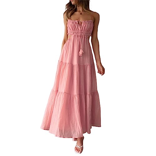 Damen Sommer Bohemian ärmellose Kleid Boho Rücken Less Maxikleid Boho Low geschnittene Langkleid quadratische Kragen Maxi Kleid Streetwear (Boho Pink, M) von RTGSE