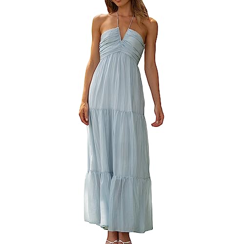 Damen Sommer Bohemian ärmellose Kleid Boho Rücken Less Maxikleid Boho Low geschnittene Langkleid quadratische Kragen Maxi Kleid Streetwear (C Blue, S) von RTGSE