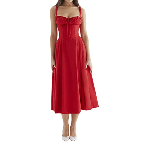 Damen Sommer Spitze Langes Kleid ärmellose Boot Hals Korsett Bustier midi Kleid Hochzeit Cocktail Nacht aus fließendem Kleid (A Red, L) von RTGSE