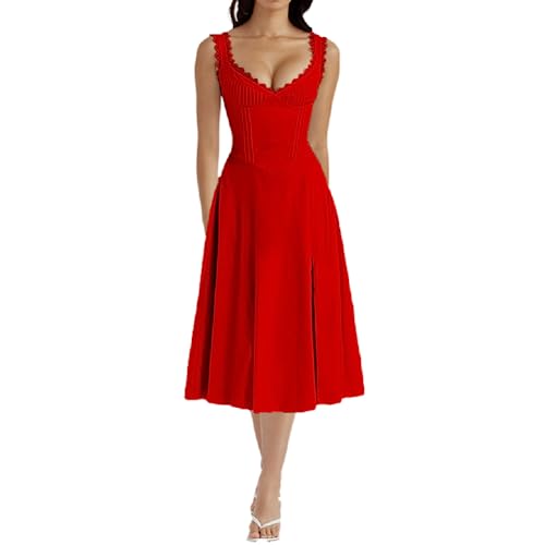 Damen Sommer Spitze Langes Kleid ärmellose Boot Hals Korsett Bustier midi Kleid Hochzeit Cocktail Nacht aus fließendem Kleid (M Red, L) von RTGSE