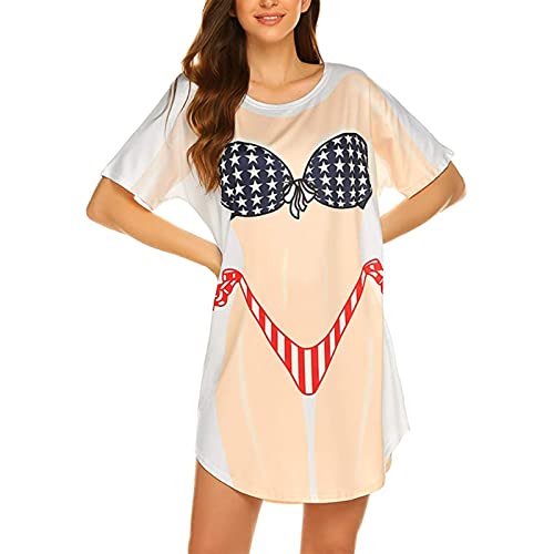 Damen Sommer Swim Cover Up Lustiger 3D-Bikini bedrucktes übergroßes Kurzarm-T-Shirt Strand Kostüm Bademode T-Shirt (Star Stripe, XL) von RTGSE