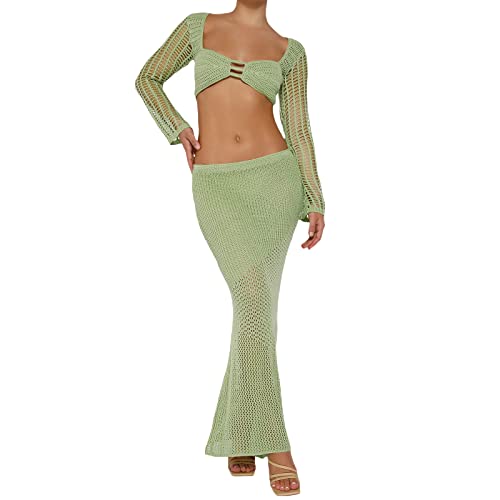 Damen Sommer Y2K Strick 2-teiliges Rock Set Sexy Streifenmuster Tiefer V-Ausschnitt Crop Tops + Hohe Taille Rock E-Girl Streetwear (Long Skirt Green, S) von RTGSE