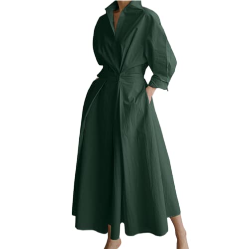 Damen Vintage Hemd Kleid Langarm Knopf elastische Taille Langes Kleid elegant locker Fit Swing Maxikleid mit Taschen (A-Dark Green, XXL) von RTGSE