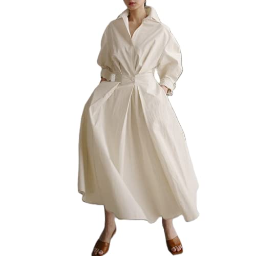 Damen Vintage Hemd Kleid Langarm Knopf elastische Taille Langes Kleid elegant locker Fit Swing Maxikleid mit Taschen (Beige, XL) von RTGSE