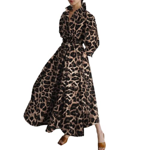 Damen Vintage Hemd Kleid Langarm Knopf elastische Taille Langes Kleid elegant locker Fit Swing Maxikleid mit Taschen (Leopard Coffee, L) von RTGSE