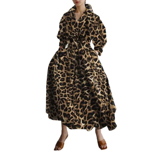 Damen Vintage Hemd Kleid Langarm Knopf elastische Taille Langes Kleid elegant locker Fit Swing Maxikleid mit Taschen (Leopard Khaki, XXL) von RTGSE