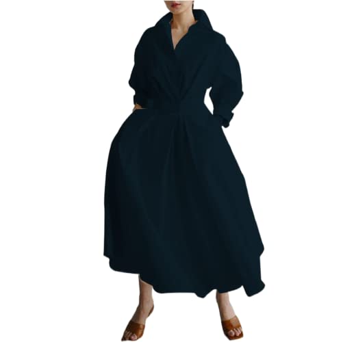 Damen Vintage Hemd Kleid Langarm Knopf elastische Taille Langes Kleid elegant locker Fit Swing Maxikleid mit Taschen (Navy, XL) von RTGSE
