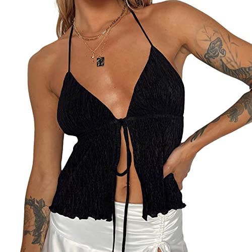 Damen Y2K Neckholder Crop Top Einfarbig Sexy Deep V-Neck Cami Top Freiliegendes Nabel Spaghetti Tie Back Top Streetwear (Ruched Black, S) von RTGSE