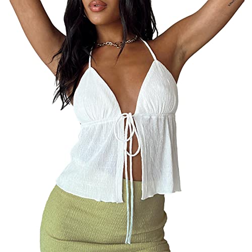 Damen Y2K Neckholder Neck Crop Tops Sommer V-Ausschnitt Weste Tops Spaghetti-Riemen Binden Sie Rückenlose Tanktops E-Girl Streetwear (Ruched White, S) von RTGSE