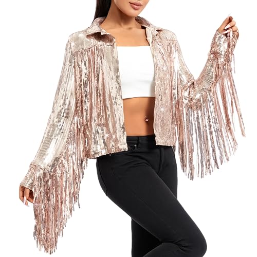 Damen glitzernde Paillist Jacke glänzende Glitzer Quasten Fringe Jacket Schimmer Revers Jacke Couch Cowgirl 90S Streetwear (Champagne, L) von RTGSE