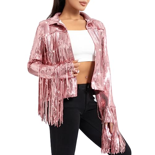 Damen glitzernde Paillist Jacke glänzende Glitzer Quasten Fringe Jacket Schimmer Revers Jacke Couch Cowgirl 90S Streetwear (Rose, M) von RTGSE