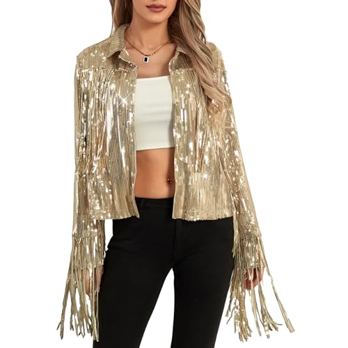 Damen glitzernde Paillist Jacke glänzende Glitzer Quasten Fringe Jacket Schimmer Revers Jacke Couch Cowgirl 90S Streetwear (Sequins Gold, XXXL) von RTGSE