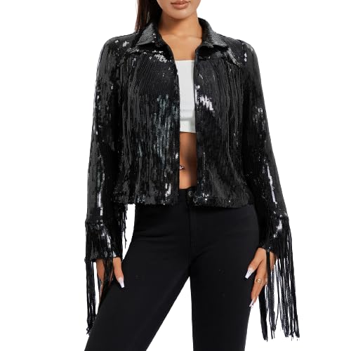 Damen glitzernde Paillist Jacke glänzende Glitzer Quasten Fringe Jacket Schimmer Revers Jacke Couch Cowgirl 90S Streetwear (V Black, M) von RTGSE