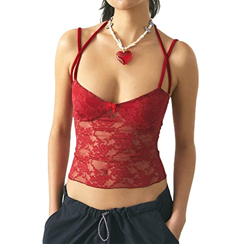 Frauen Criss Cross Neckholder Crop Tops Farbblock Tie Up Weste Top Ärmelloses Rückenfreies Lace-up Tube Top Y2K Cami Top (Lace Red, L) von RTGSE