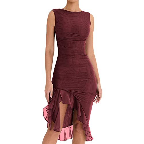 Frauen Sommer Feste Farbe Cami Kleid Glatte Satin Seide niedrig geschnittene Mini-Kleiderhülse A-Line One-Piece-Club Kurzkleid (B Wine Red Dress, M) von RTGSE