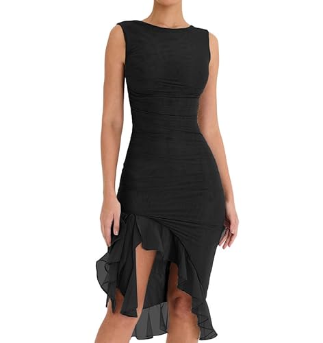 Frauen Sommer Feste Farbe Cami Kleid Glatte Satin Seide niedrig geschnittene Mini-Kleiderhülse A-Line One-Piece-Club Kurzkleid (Black Dress, L) von RTGSE