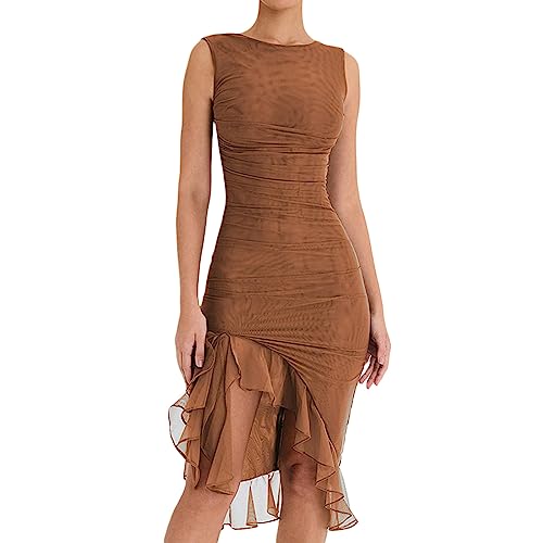 Frauen Sommer Feste Farbe Cami Kleid Glatte Satin Seide niedrig geschnittene Mini-Kleiderhülse A-Line One-Piece-Club Kurzkleid (Brown Dress, S) von RTGSE