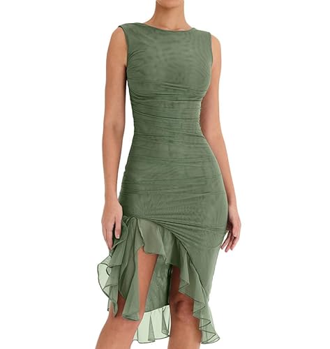 Frauen Sommer Feste Farbe Cami Kleid Glatte Satin Seide niedrig geschnittene Mini-Kleiderhülse A-Line One-Piece-Club Kurzkleid (Gray Green, M) von RTGSE