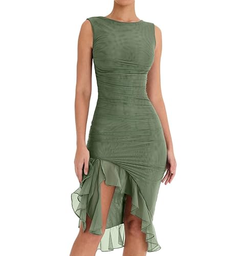 Frauen Sommer Feste Farbe Cami Kleid Glatte Satin Seide niedrig geschnittene Mini-Kleiderhülse A-Line One-Piece-Club Kurzkleid (Gray Green, M) von RTGSE