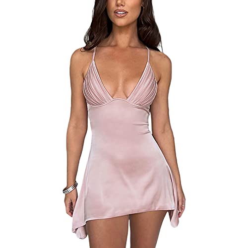 Frauen Sommer Feste Farbe Cami Kleid Glatte Satin Seide niedrig geschnittene Mini-Kleiderhülse A-Line One-Piece-Club Kurzkleid (J Pink, S) von RTGSE