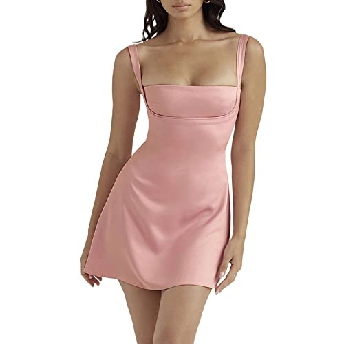 Frauen Sommer Feste Farbe Cami Kleid Glatte Satin Seide niedrig geschnittene Mini-Kleiderhülse A-Line One-Piece-Club Kurzkleid (Pink, L) von RTGSE