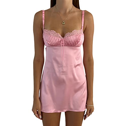 Frauen Sommer Feste Farbe Cami Kleid Glatte Satin Seide niedrig geschnittene Mini-Kleiderhülse A-Line One-Piece-Club Kurzkleid (X Pink 2, S) von RTGSE