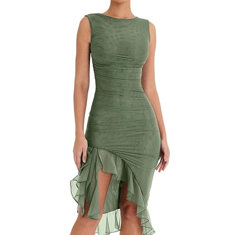 Frauen Sommer ärmellose Cami-Kleid mit niedrig geschnittenem Körperkleid Mini Kleid A-Line-Kleid Cocktail Party Club Skinny Kleid (Gray Green, L) von RTGSE