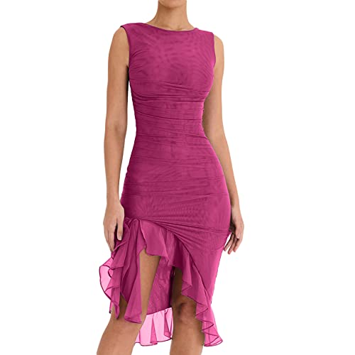 Frauen Sommer ärmellose Cami-Kleid mit niedrig geschnittenem Körperkleid Mini Kleid A-Line-Kleid Cocktail Party Club Skinny Kleid (Ruffles Rosa, XS) von RTGSE