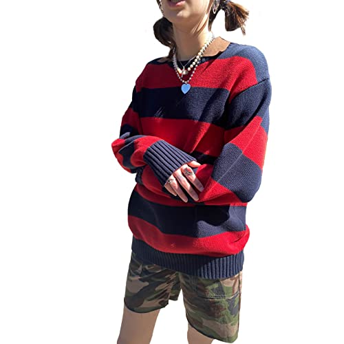 Frauen Vintage Argyle Plaid Strickpullover Jumper Langarmplaidpullover Pullover Y2K 90s E-Girl Strickpullover Jumper (Striped Rot Blau, M) von RTGSE
