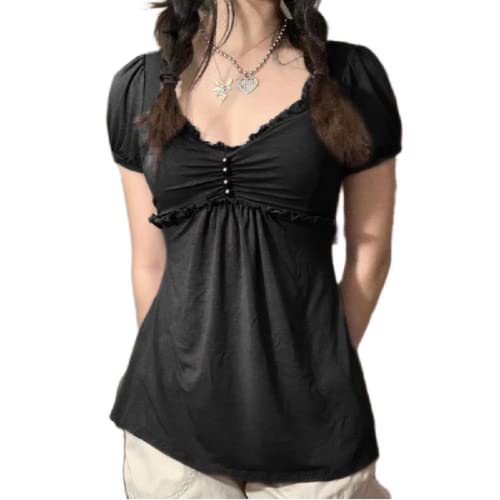 Frauen Vintage Y2K Langarm Crop Top Quadratischer Kragen Blumenspitze Bluse Top Patchwork Retro Pullover Top 90er Jahre Streetwear (C-Black, S) von RTGSE