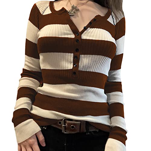 Frauen Vintage Y2K Langarm Crop Top Quadratischer Kragen Blumenspitze Bluse Top Patchwork Retro Pullover Top 90er Jahre Streetwear (Stripe Brown, S) von RTGSE