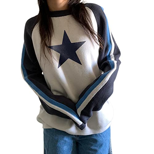 Frauen übergröße Langarm Pullover Strick Springer Argyle Plaid Crew Hals Pullover Y2K BF Stil Loose Vintage Sweatshirt (Star Blue, M) von RTGSE