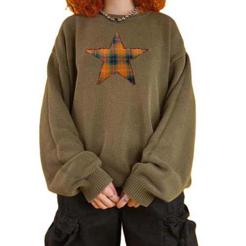 Frauen übergröße Langarm Pullover Strick Springer Argyle Plaid Crew Hals Pullover Y2K BF Stil Loose Vintage Sweatshirt (Star Brown, M) von RTGSE
