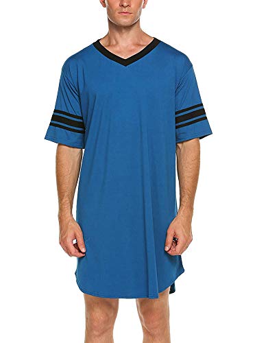 Herren Nachthemd Lange Pyjama Tops Nachtwäsche Hemd Nachtwäsche Bademäntel V-Ausschnitt Schlafhemd Langes Loose Fit Nachthemd (Blue, XX-Large) von RTGSE
