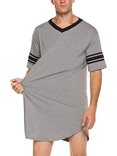 Herren Nachthemd Lange Pyjama Tops Nachtwäsche Hemd Nachtwäsche Bademäntel V-Ausschnitt Schlafhemd Langes Loose Fit Nachthemd (Grey, X-Large) von RTGSE