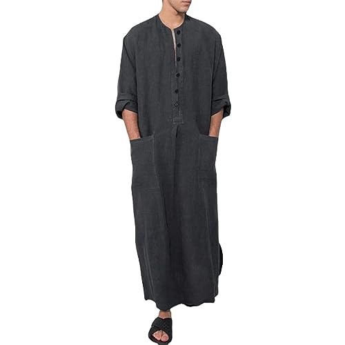 Herren V-Ausschnitt Kurzarm Robe Kaftan Side Split Casual Langes Kleid Thobe Nachthemd Hemd Loungewear Sommer Sleepwear Beachwear (Q Gray, XL) von RTGSE